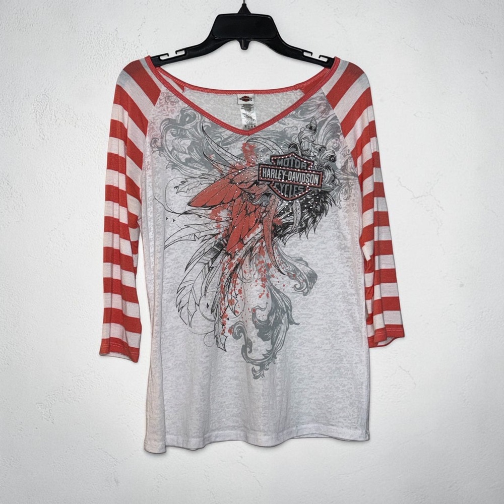 Harley-Davidson Womens Burnout Raglan Top Rhinestone Graphic Striped Large